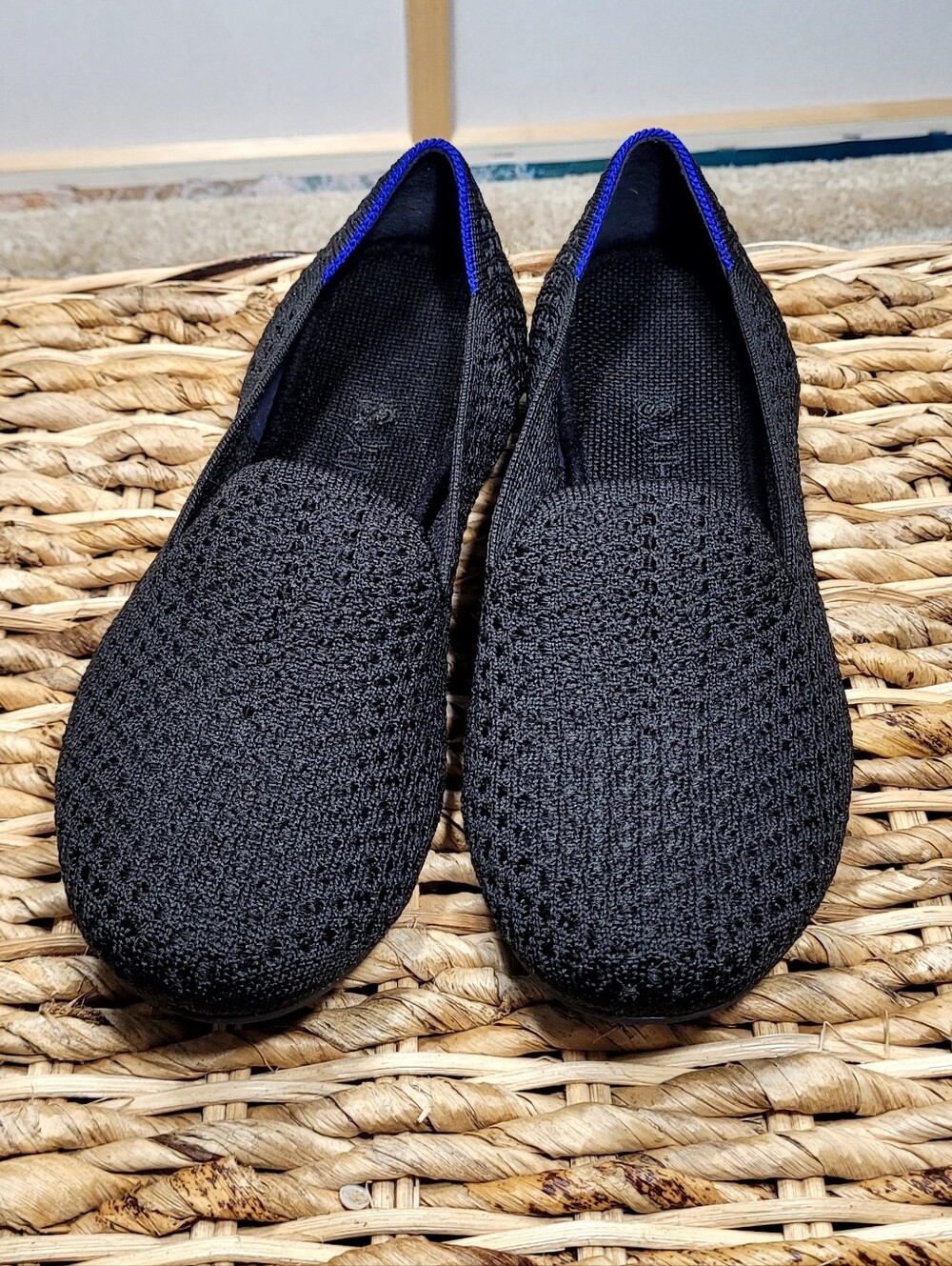 Rothy's Black Knit Slip-On Flats with Blue Trim